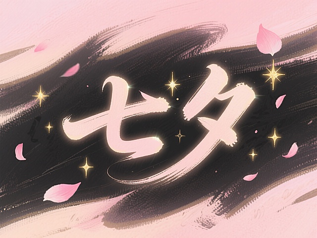 七夕节主题的手写字，字体优雅飘逸，带有毛笔笔触质感，背景是淡淡的粉色渐变，点缀着闪烁的金色星光和几片飘落的粉色花瓣，整体氛围浪漫温馨，“七夕”二字位于画面中央，字体周围环绕着细腻的光晕效果