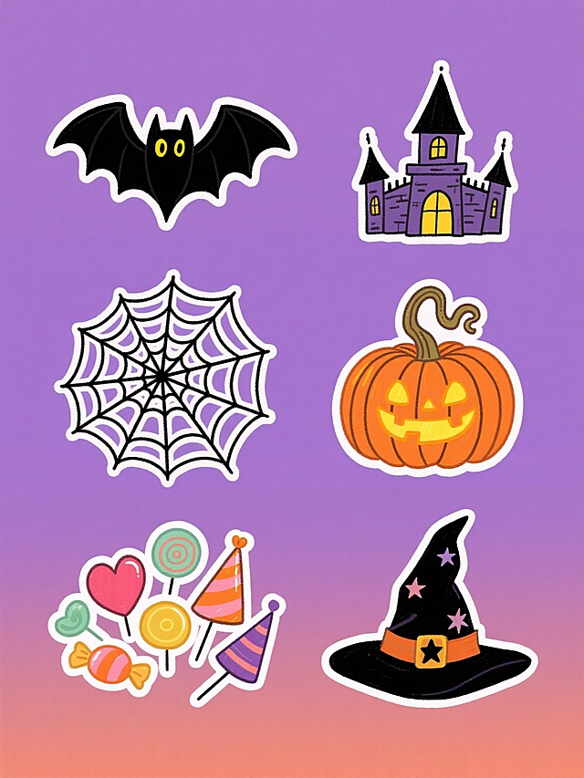 一组六款手绘插画风格的万圣节元素系列素材，采用纯色背景，整体色彩变换为橙色与紫色渐变色调，每个元素保持原类目特征且内容完全不同，规整排布。包括：一只翅膀张开、眼睛发出黄色光芒的黑色蝙蝠；一座带有尖顶塔楼和拱形窗户的哥特式城堡；一张布满细密蛛网丝、中心有圆形蛛网图案的蜘蛛网；一个顶部有弯曲茎秆、表面有竖条纹、内部透出温暖黄色光芒的南瓜灯；一堆形状各异、色彩鲜艳（有圆形、心形、锥形）、带有糖纸光泽的糖果；一顶顶部有尖顶、帽檐宽大、带有星形装饰的巫师帽。所有元素线条简洁流畅，具有手绘质感，色彩明快，风格统一，适合作为万圣节主题的系列装饰素材。