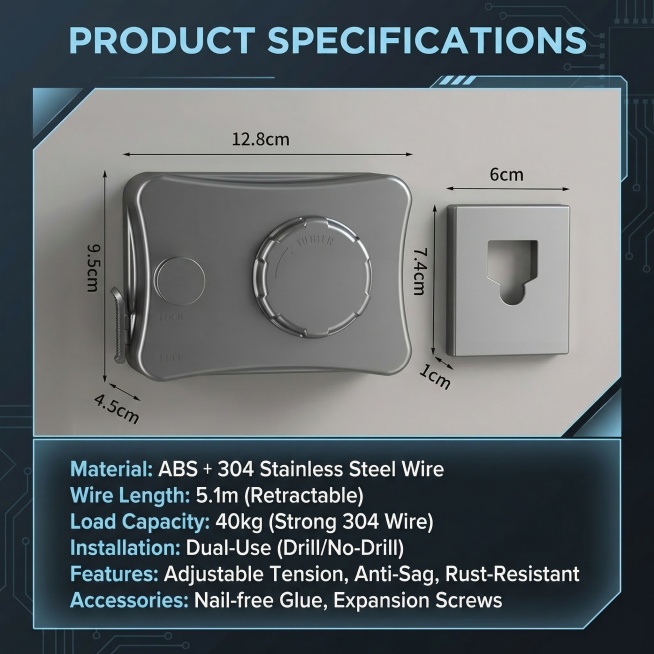 Product: Retractable Invisible Clothesline, product specification page, keep the product exactly the预览效果