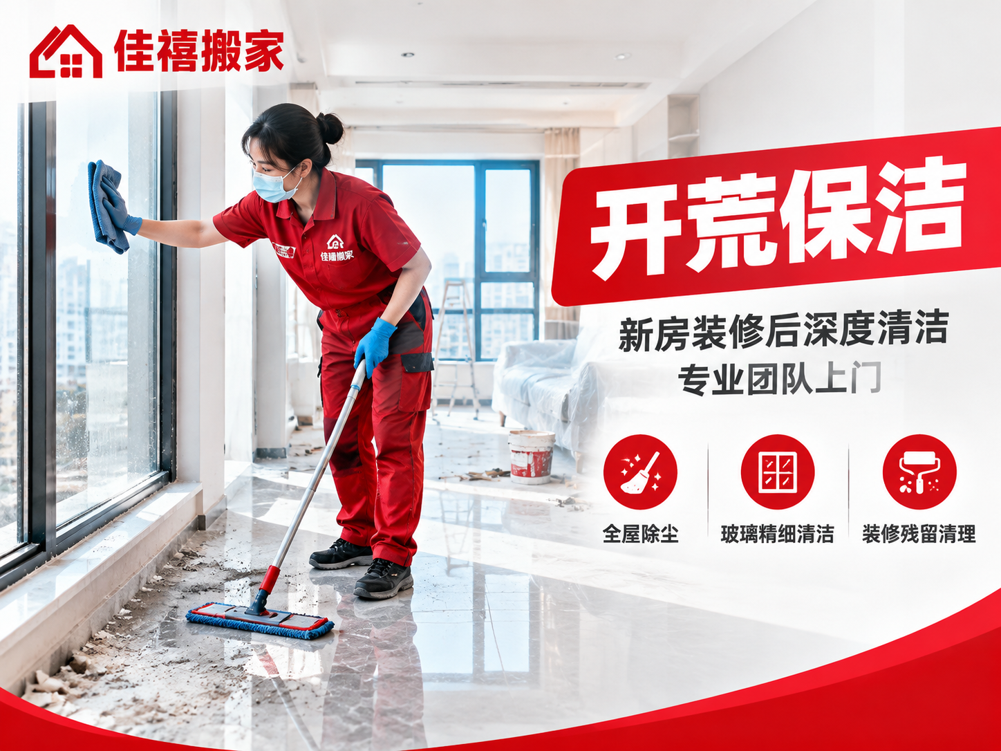 [主图-1] 开荒保洁服务主题首图，佳禧搬家品牌红色系家政保洁… - 图片创意预览