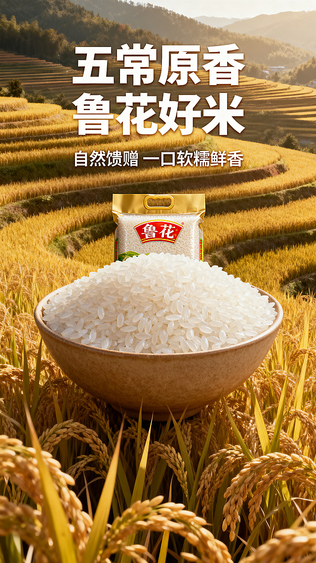 鲁花五常大米创意海报，画面中央摆放着颗粒饱满晶莹的新鲜五常大米，包装上印有鲁花品牌标识，背景是层次分明的金色稻田风光，主标题大字"五常原香 鲁花好米"，副标题"自然馈赠 一口软糯鲜香"，整体风格清新自然，高端食品电商海报设计，暖金色调，突出大米优质天然的卖点，营销感强，吸引消费者购买