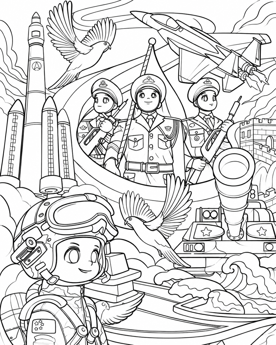 参考原图的线稿内容和构图，生成清晰完整的国防主题线稿涂色画，保… - 图片创意预览