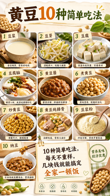 多图拼贴设计，汇总豆浆、豆芽、豆腐、豆腐脑、黄豆酱、煮黄豆、炒黄豆、黄豆炖排骨、豆浆粉、纳豆十种吃法，丰富全面，包含文案"10种简单吃法，每天不重样，几块钱就能搞定全家一顿饭"预览效果
