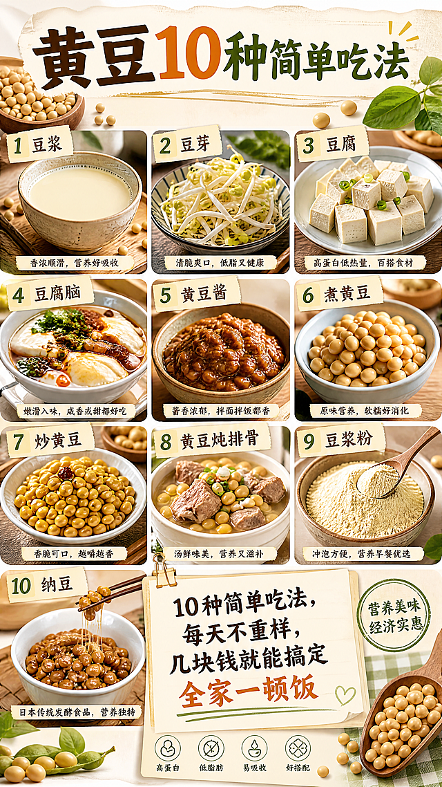 多图拼贴设计，汇总豆浆、豆芽、豆腐、豆腐脑、黄豆酱、煮黄豆、炒黄豆、黄豆炖排骨、豆浆粉、纳豆十种吃法，丰富全面，包含文案"10种简单吃法，每天不重样，几块钱就能搞定全家一顿饭"