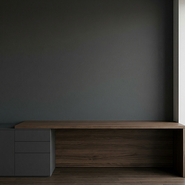 生成一张正面视角的简洁现代办公室背景图，参考原图的灰黑色深色调风格，正面对着深灰色墙面和木质桌面，画面干净简约，无多余杂物，适合用作产品展示背景，比例1:1，保持极简高级感，自然柔和光线