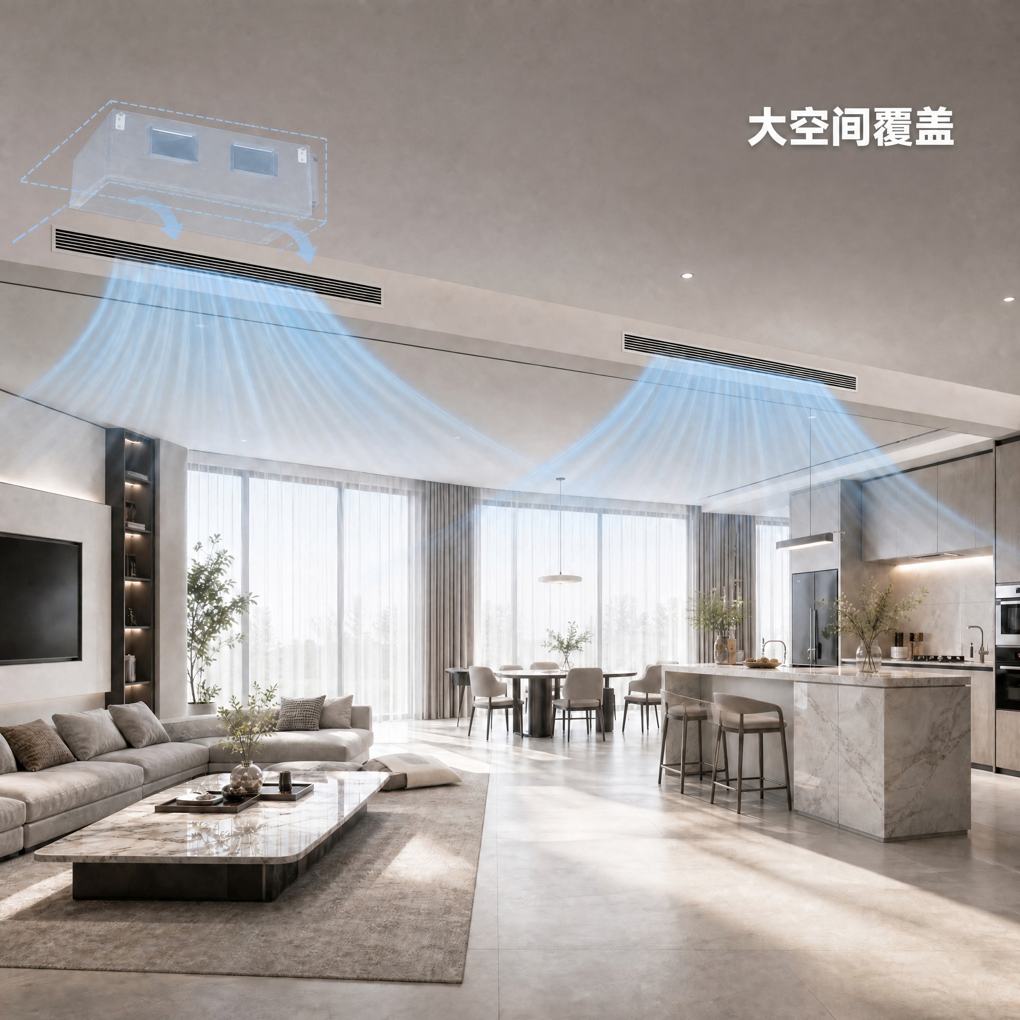 精简这张大空间客餐厅风管机场景图的文字，大幅减少文字量，只保留… - 图片创意预览