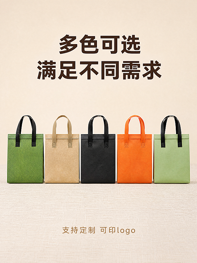 [主图-5] 多色SKU展示
[氛围风格] 干净整齐陈列展示，清晰直观
[画质] 商业棚拍质感，高清清晰，颜色还原准确
[元素] 六款不同颜色的保温手提袋整齐并排陈列，都为正面展示，每个袋子颜色和款式与输入原图保持完全一致，排列整齐间距均匀，背景为干净浅米色背景，产品占比75%，保持每个产品不变形无色差
[光影] 均匀柔和顶光，每个产品都清晰展示颜色，无明显阴影
[配色] 浅米色背景衬托多色产品，颜色丰富和谐
[视角构图] 平视正面排列，整齐矩阵构图，所有产品完整展示
[文字版式] 顶部标题"多色可选 满足不同需求"，深棕色粗体居中；底部标注"支持定制 可印logo"，浅棕色小字居中，不遮挡产品
[比例分辨率] 3:4 比例，4k 分辨率；文字清晰锐利，画面超高清
[负向提示词] 变形，水印，文字错乱，颜色偏差，排列混乱
