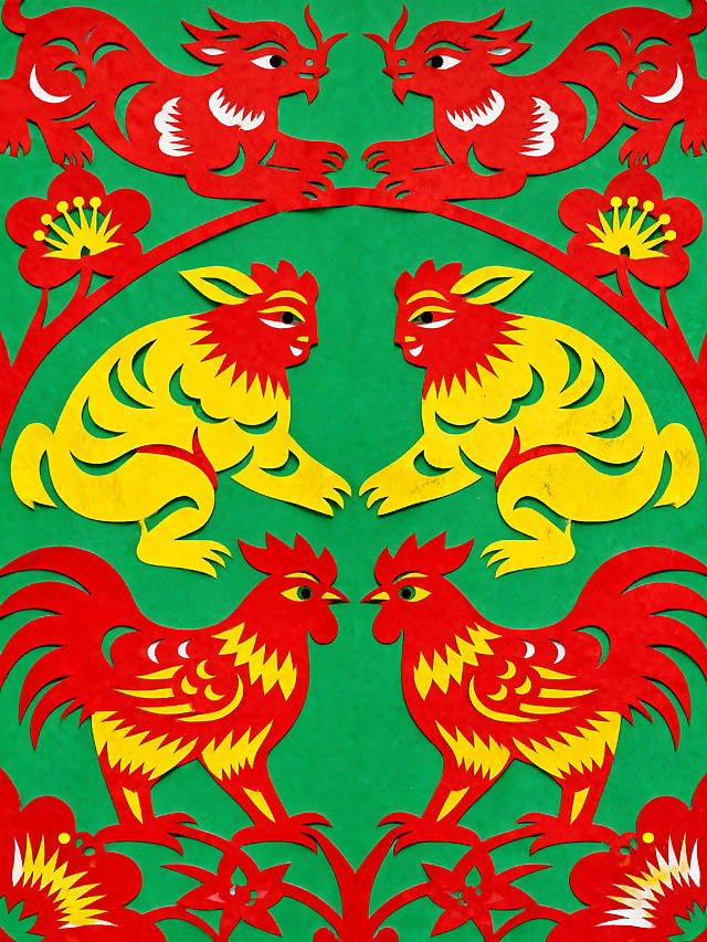民间艺术风格，浓郁鲜艳民俗配色，传统剪纸纹样元素，质朴粗犷造型，充满乡土气息和传统民俗韵味