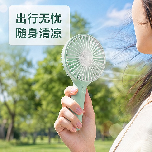 [主图-4] 手持小风扇 真实场景 户外出行手持使用
[统一基调] 清新夏日风格，薄荷绿主色调搭配白色与浅蓝辅助色，干净通透有清凉感；标题用粗体无衬线中文字，深绿色字，辅助文字用浅灰色；圆角卡片、柔和阴影、轻盈图标；整体简约清爽不堆砌。
[画面] 真实夏日户外场景，明亮的阳光下，一位年轻女性的手部特写正握着薄荷绿手持小风扇，风扇朝向脸部方向吹出轻柔的风，发丝有被风吹动的自然效果。背景是虚化的公园绿树和蓝天，阳光明媚有夏日感。产品在画面中清晰可见，手柄被手自然握住，扇叶转动有轻微动态模糊感。人物只露出手部和部分侧脸/下巴，不展示完整面部，重点突出产品使用状态。画面右下角有轻微的光斑效果增加夏日氛围。
[光影质感] 真实自然光摄影质感，阳光从侧上方照射，手部和风扇有自然阴影，背景虚化突出主体，产品材质真实，整体明亮通透有夏日清凉感。
[配色] 场景以绿色植物和蓝色天空为主，产品薄荷绿与环境协调，整体色调明亮清新。
[文字版式] 画面左上角用半透明白色圆角底写主标题"出行无忧 随身清凉"，文字深绿色；文字不遮挡产品主体，放在画面负空间。
[输出要求] 1:1正方形，2048x2048，2K画质，场景真实自然，产品清晰不变形，手部结构正常无畸形，无水印无平台Logo。禁止手部畸形、手指穿模、产品悬浮、面部扭曲。
