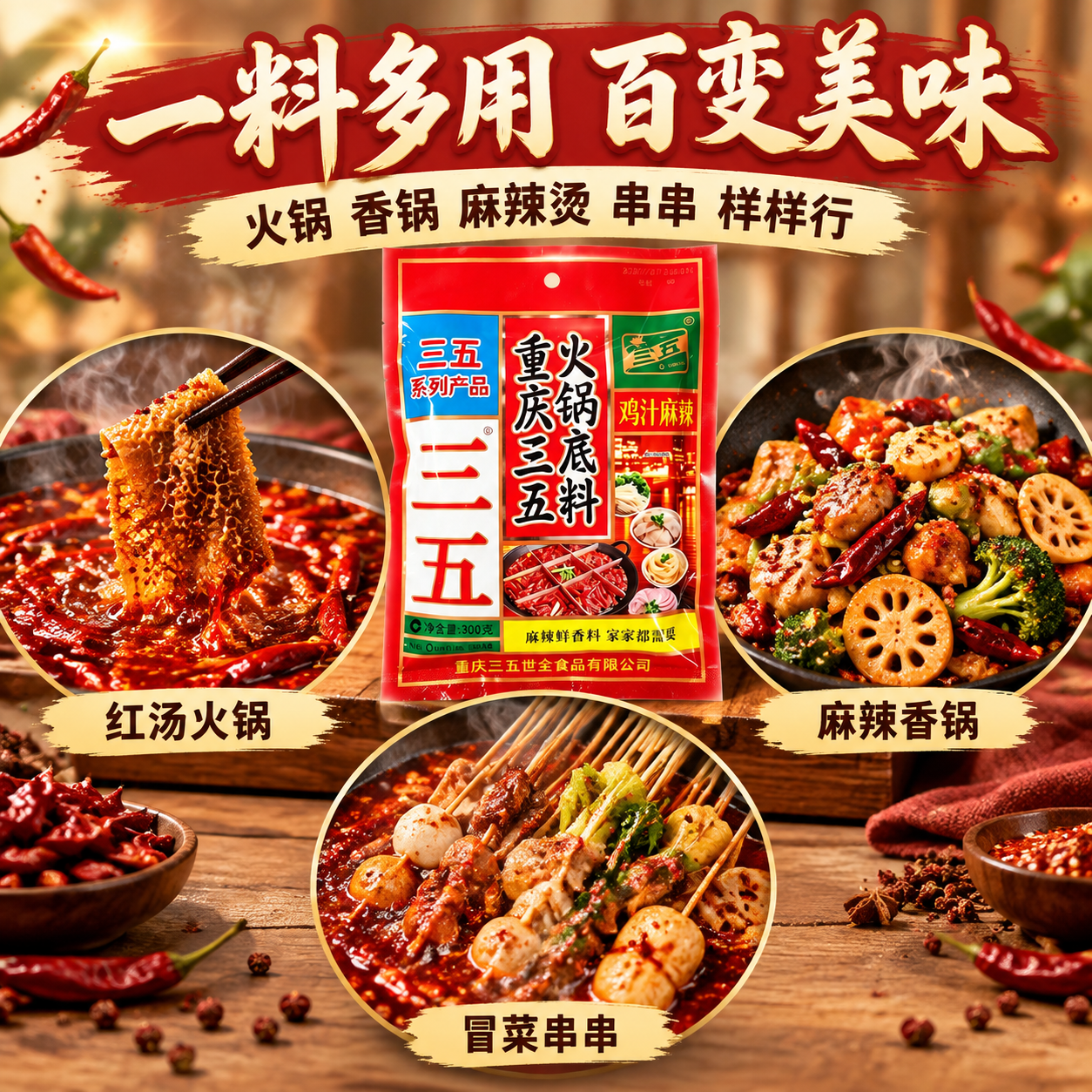 [主图-3] 细节与使用场景，主题为一料多用，展示火锅底料化开… - 图片创意预览