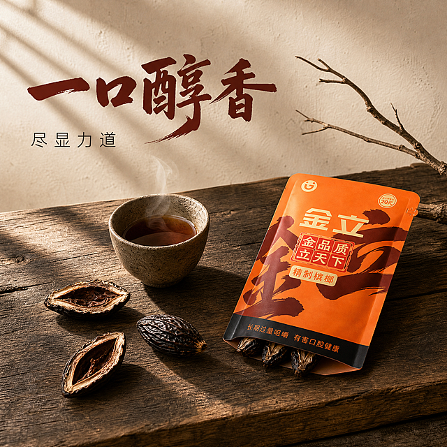 [主图-4] 场景与体验代入，营造侘寂风茶桌休闲场景，展示槟榔作为日常消遣的生活方式感，突出一口醇香尽显力道的体验感，侘寂极简风格。
[统一基调] 侘寂极简风，整体低饱和暖棕米色调，背景为素水泥墙面或做旧原木肌理，留白充足，光影柔和自然，主标题用厚重书法体深棕红色，辅助文案用细黑体暖灰色，强调色为产品包装的暖橙色，整体克制高级，无多余装饰。
[画面] 画面为俯视45度角的侘寂风茶桌场景，深棕色老榆木茶桌上，右侧摆放金立槟榔橙色包装袋，袋口微微打开，露出里面几颗槟榔果的顶部。包装袋左侧是一只粗陶小茶杯，杯中盛有半杯深褐色茶汤，杯口有轻微热气升腾。茶杯旁散落2-3颗完整的槟榔果和1颗切开的槟榔果，自然随意摆放。茶桌上还有一小段干枯的树枝作为装饰，极简克制。背景为素净的浅米色墙面，上方有柔和的自然光从窗户斜射进来，在桌面投下条状光影，整体氛围安静闲适，有东方禅意。
[光影质感] 自然窗边柔光，侧逆光照射，茶桌木纹肌理清晰，粗陶杯有质朴的颗粒质感，包装袋有哑光塑料质感，槟榔果表面有温润光泽，茶汤表面有轻微反光，整体影调温暖柔和，阴影浅淡，氛围感强。
[配色] 桌面深棕原木色，背景浅米色，茶汤深褐色，粗陶杯土灰色，产品包装暖橙色点缀，主标题字深棕红色，整体低饱和侘寂色调。
[文字版式] 画面左上角主标题大字书法体“一口醇香”，字色深棕红。其下方一行细黑体小字“尽显力道”，字色暖灰。文字排版简洁，放在左上角负空间，不遮挡桌面场景主体，留白充足。
[输出要求] 1:1正方形，2048px，场景氛围自然真实，产品融入场景不突兀，文字清晰可读，无错字，无水印，无平台logo，整体侘寂极简禅意感。禁止场景杂乱、颜色过艳、产品悬浮、出现人物面部。
