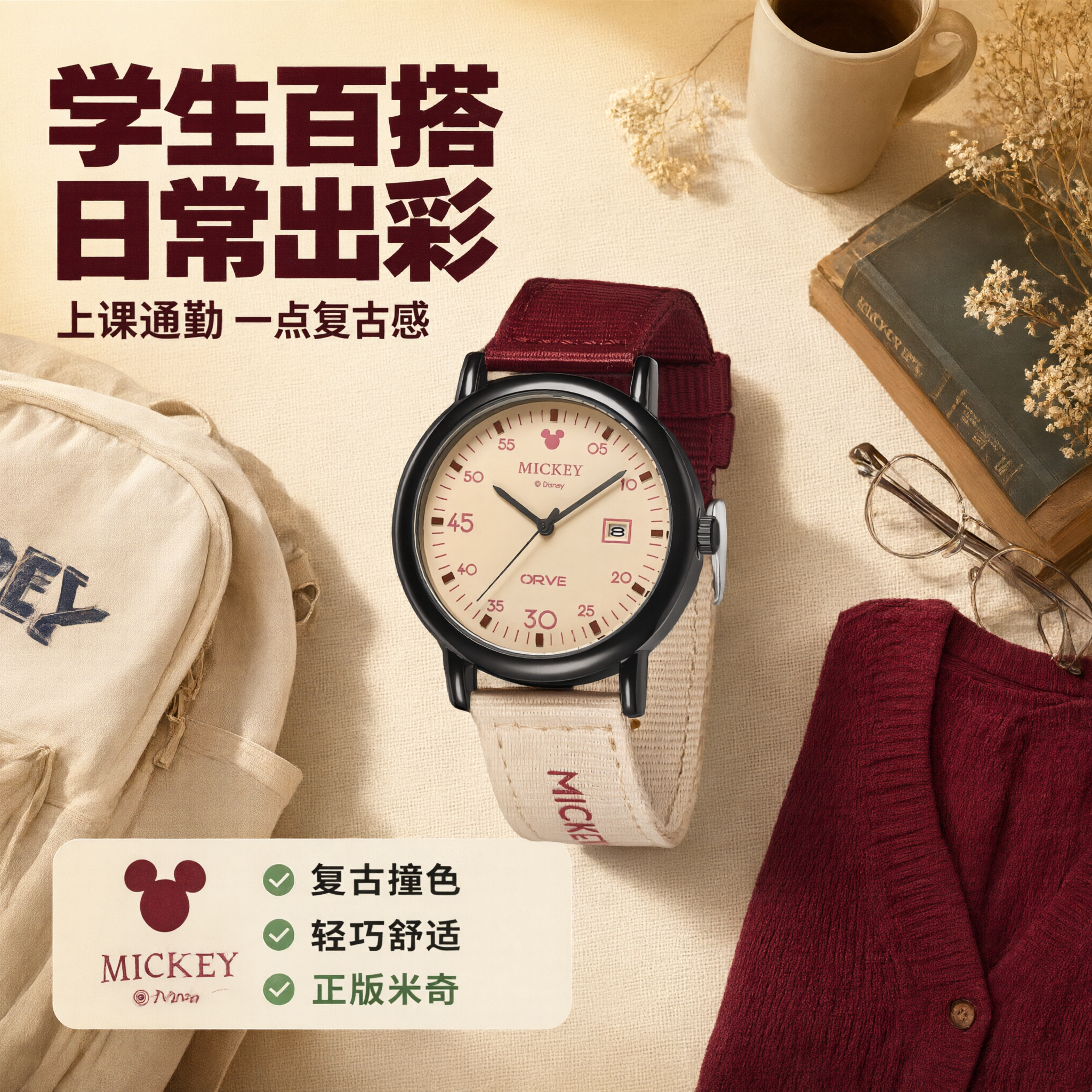复古学院风电商详情页搭配展示图，1:1正方形，俯拍视角。米白色… - 图片创意预览