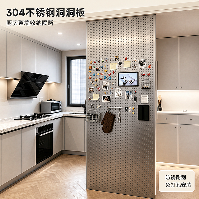 [主图-1] 首图整洁空间英雄图，展示304不锈钢洞洞板安装在现代厨房的整墙收纳隔断效果，保留参考图暖色调与原木质感，清除所有水印。
[统一基调] 现代极简奶油风，背景主色暖米灰与原木色，标题字色深炭灰，辅助字色中灰，强调色暖金，字体为现代无衬线粗体标题字+常规无衬线说明字，卡片圆角奶油白细边框，整体干净高级。
[画面] 产品严格参照上传参考图中的不锈钢洞洞板，完整保留哑光银灰板面、均匀圆形孔位阵列、金属包边、磁吸照片、便利贴、金属丝网篮、挂钩、平板设备等结构与装饰细节。产品位于画面中央，占画面约62%，正面平视微侧5°视角。左侧为黑色抽油烟机与灶台一角，右侧为浅灰白橱柜，前景浅色木地板人字拼，背景黑色窄窗纱帘柔光。整体呈现现代厨房整墙洞洞板收纳隔断效果。产品与地面和墙面共面贴合，透视统一，无悬浮感。
[光影质感] 商业摄影质感，保留参考图暖调自然光与顶部射灯柔光，不锈钢洞洞板有细腻哑光反光，挂件有自然接触阴影，整体光线均匀明亮。
[配色] 暖米灰与原木色为主背景，深炭灰标题字，暖金强调色，哑光银灰色洞洞板，浅灰白橱柜；画面颜色：暖米灰 / 原木色 / 深炭灰 / 暖金 / 哑光银。
[文字版式] 左上角主标题大字粗体「304不锈钢洞洞板」，副标题小字「厨房整墙收纳隔断」；右下角圆角奶油白卡片内两行小字「防锈耐刮 / 免打孔安装」。文字清晰不遮挡产品主体。
[输出要求] 严格锁定宽高比1:1，2K分辨率，产品清晰锐利，孔位清晰，文字清晰可读，无变形无错字。禁止出现平台Logo、水印、AI生成标识、违禁词、人手、手指、人物面部。