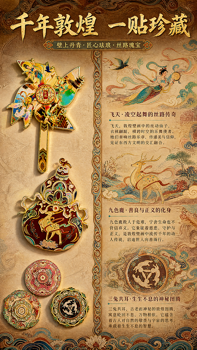 [商品] 使用【图5】风车形飞天款、【图7】葫芦九色鹿款、【图1】三兔共耳款敦煌冰箱贴；保留各款金属珐琅材质、图案造型、颜色，清晰呈现飞天、九色鹿、三兔共耳等经典敦煌元素，不改变商品本体。
[画面] 文化故事图，目标赋予产品文化内涵。画面采用左右分栏+插画融合形式：左侧为冰箱贴实物图（3款错落摆放），右侧搭配对应敦煌壁画风格的手绘插画（飞天飘带、九色鹿传说、三兔共耳图腾）；中间用敦煌纹样装饰条分隔，背景为做旧壁画肌理，营造穿越千年的文化感。
[视觉] 套系策略：风格=国潮敦煌风商业摄影；标题字=国风书法衬线粗体；正文字=现代简洁宋体；主色=朱砂红+暖金；背景延展=基于敦煌壁画土黄、赭石、石青做深浅渐变与肌理质感；强调色=石青/石绿，仅用于小面积图标、引线和装饰元素；标题色=暖金色；正文色=深赭石色；组件=敦煌纹样边框、云纹分割线、圆角信息卡；光影=左前侧暖金色柔光，金属边缘高光明显，珐琅面温润反光。
[文字] 顶部主标题"千年敦煌 一贴珍藏"，下方分3个文化解读模块：「飞天·凌空起舞的丝路传奇」「九色鹿·善良与正义的化身」「三兔共耳·生生不息的神秘图腾」，每段配简短文化说明，文字区不遮挡商品。
[规格] 图片比例9:16竖版，4K，避免变形、错字、文字过小、冷蓝灰背景、商品颜色改变、结构失真、极限词。