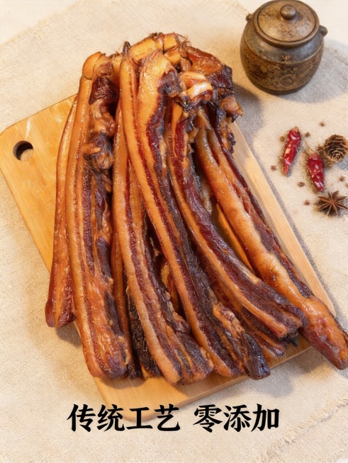 以这张广式腊肉为主体，制作高级有食欲的电商主图，添加卖点“传统工艺 零添加”，用柔和的自然光展现腊肉的自然色泽，背景搭配棉麻桌布和复古调料罐，传递天然健康的理念预览效果