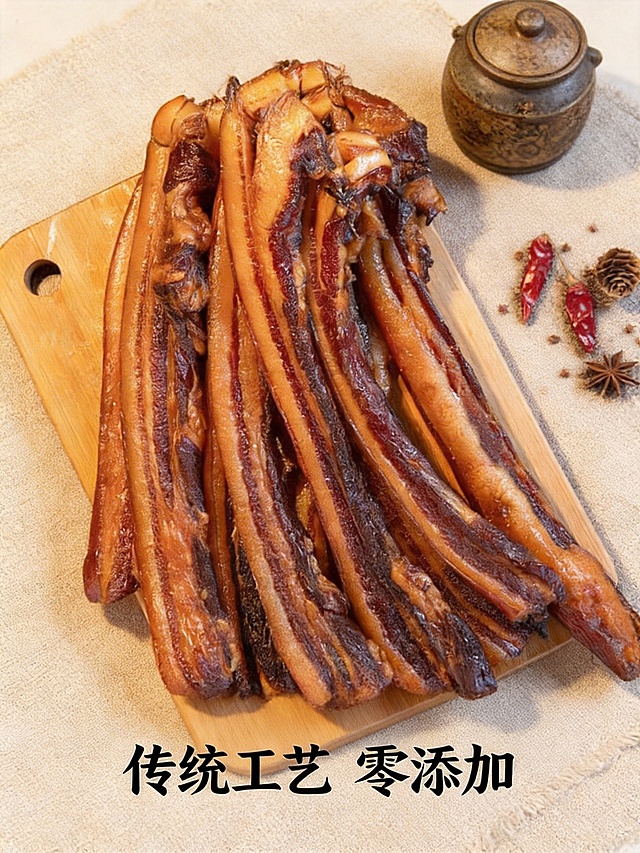 以这张广式腊肉为主体，制作高级有食欲的电商主图，添加卖点“传统工艺 零添加”，用柔和的自然光展现腊肉的自然色泽，背景搭配棉麻桌布和复古调料罐，传递天然健康的理念