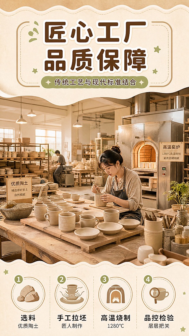 [商品] 使用【图1】【图2】陶瓷工厂场景图；保留陶瓷生产车间的真实氛围：陶土原料、拉坯机、窑炉、工匠手工制作、半成品陶瓷坯体、釉料工具等；商品处理：保留工厂真实感，增强画面整洁度和工艺感，突出陶瓷制作的专业规范。
[画面] 目标：工厂介绍页，展示陶瓷生产工艺与品质保障。构图：上标题+中大场景+下工艺步骤，上下分栏。主体位置：画面中部，陶瓷工厂车间全景，能看到工匠在工作台前手工修坯、排列整齐的素坯、窑炉设备，工厂占画面55%。景别：中景全景。阅读动线：从上到下，标题→工厂场景→底部工艺步骤。前中后景：前景工作台与素坯，中景工匠操作，后景窑炉与车间纵深。场景：整洁规范的陶瓷工厂车间，暖光照明，木质工作台，陶土原料摆放有序，充满手工匠人氛围。
[视觉] 套系策略：风格=文艺复古暖调商业摄影，融合活泼卡通版式；标题字=粗圆黑体+白色描边，可爱醒目；正文字=简洁圆角黑体；主色=陶土暖棕；背景延展=基于米杏色做深浅层级、同色渐变和细腻纸张质感，顶部波浪形装饰边；强调色=抹茶绿，仅用于小面积图标、星星装饰和标签；标题色=深陶棕；正文色=暖棕灰；组件=圆角粗边信息框、波浪形装饰条、小星星装饰、编号圆形标签；光影=暖调车间灯光，自然柔和，突出工艺质感。
[文字] 顶部大标题「匠心工厂 品质保障」，副标题「传统工艺与现代标准结合」；底部4个圆形编号步骤：「① 选料 优质陶土」「② 手工拉坯 匠人制作」「③ 高温烧制 1280℃」「④ 品控检验 层层把关」；文字不遮挡工厂主体场景。
[规格] 图片比例9:16竖版，4K分辨率，避免变形、错字、文字过小、冷蓝灰背景、工厂脏乱、人物模糊、工艺失真。