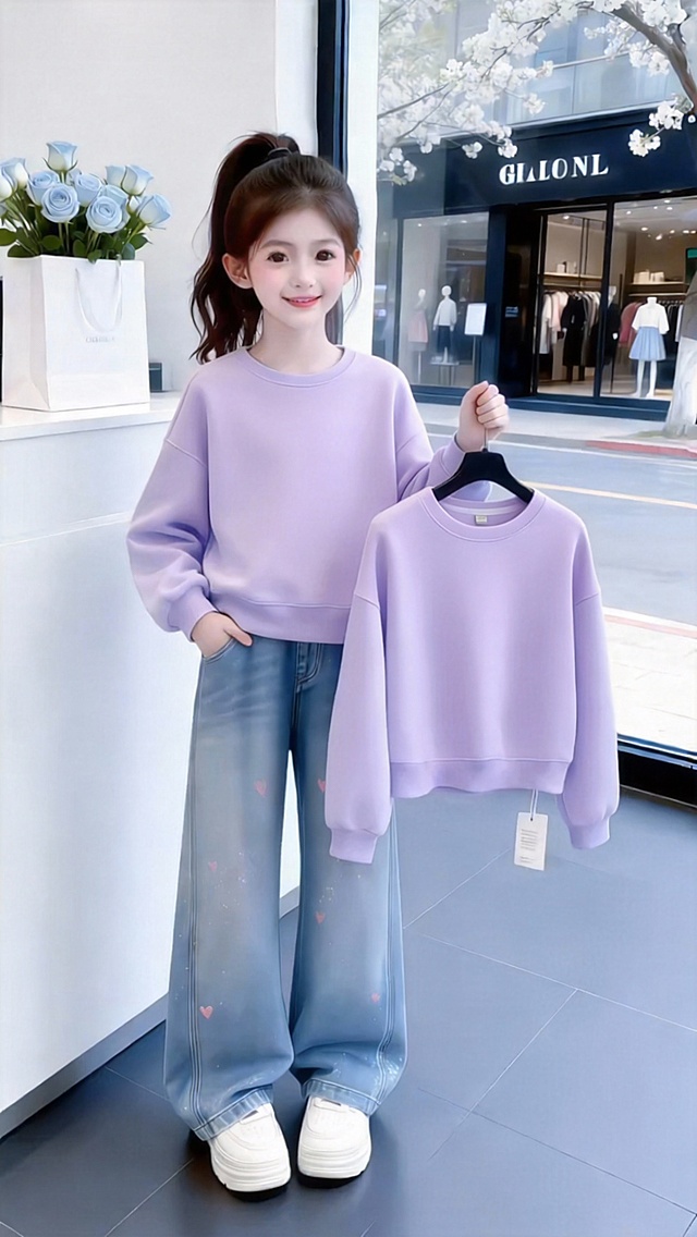 用图1的衣服裤子裤子替换掉挂图2的模特穿的衣服裤子和衣架上的衣服，保留原场景光影，保持图2的人物的五官和发饰不变，姿势不变，背景不变，图片宽高尺寸不变，保持图1的衣服和裤子的款式和颜色不变