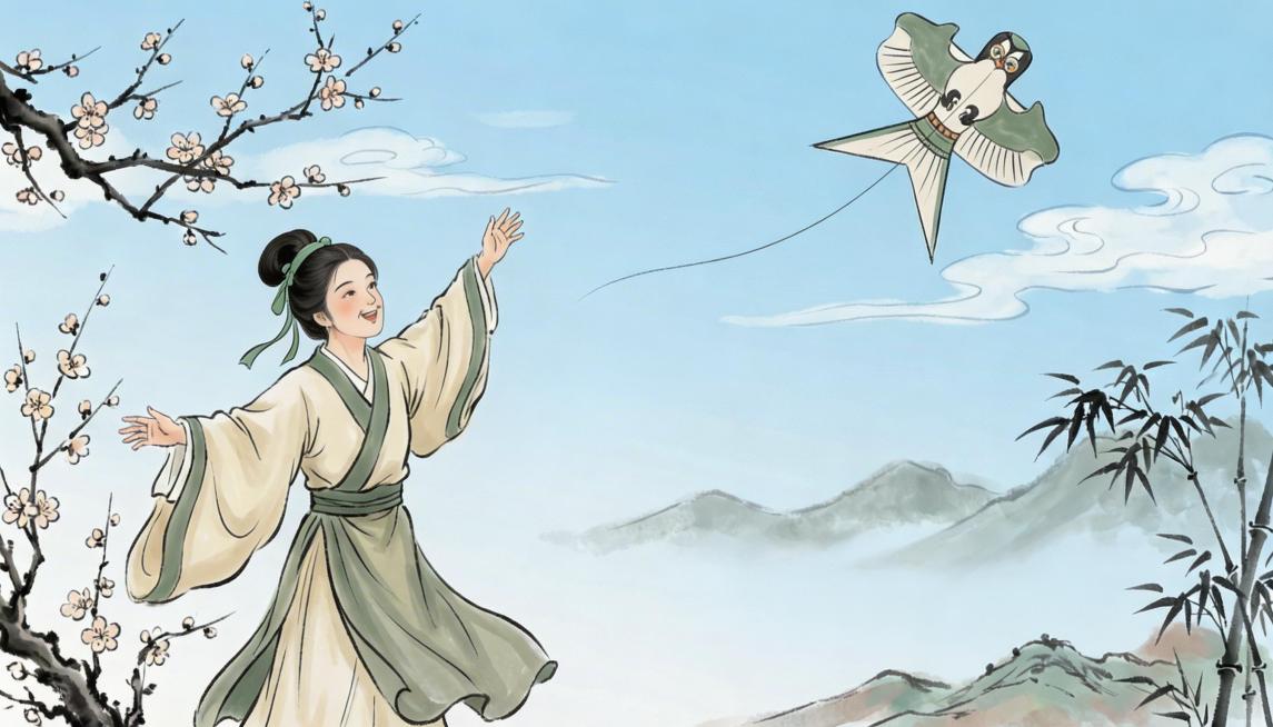 将图中人物改为女性，去掉图片中的所有文字，保持古风简约风格和肝舒畅愉悦的氛围预览效果