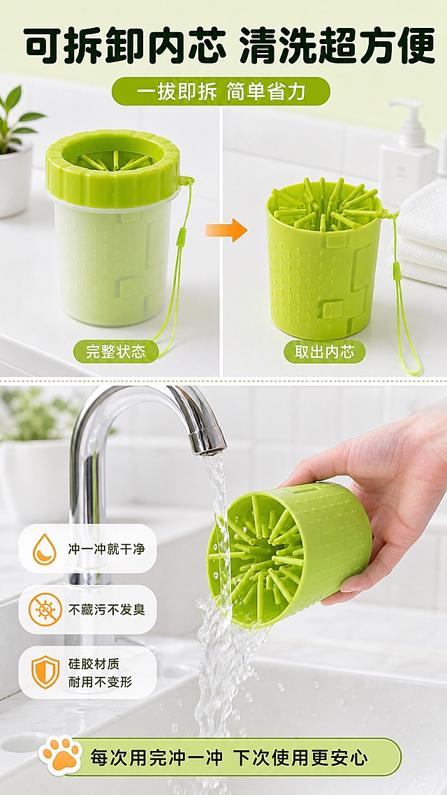[商品] 使用【图1】绿色硅胶宠物洗脚杯；展示可拆卸硅胶内芯的状态：左半部分为完整杯子，右半部分为硅胶内芯从杯身中取出的状态，内芯带刷毛，杯身透明；保留绿色硅胶盖、刷毛、半透明杯身、挂绳；不改变颜色、材质和结构，拆卸方式符合真实产品逻辑。
[画面] 目标：可拆卸易清洗演示页，突出清洗方便不藏污。构图：左右对比+上下分栏，上半部分50%展示拆卸过程（左完整杯，右拆出硅胶内芯，中间箭头），下半部分50%展示冲洗场景：一只手拿着硅胶内芯在水龙头下冲洗，水流冲过刷毛，干干净净。产品占画面约50%。阅读动线：从上到下，先看拆卸再看清洗。景别：中景+操作特写。背景：洗手台场景，明亮干净。
[视觉] 套系策略：风格=清新治愈宠物商业摄影风；标题字=圆润粗黑体；正文字=简洁无衬线体；主色=马卡龙嫩绿；背景延展=基于马卡龙嫩绿+白色瓷砖洗手台，清爽干净的卫浴场景；强调色=暖橙色，仅用于箭头、水滴图标、重点标签；标题色=深森林绿；正文色=深灰绿；组件=箭头指示、水滴图标、圆角说明卡；光影=明亮卫生间顶光，水流有光泽感。
[文字] 顶部主标题「可拆卸内芯 清洗超方便」；上半部分标注「一拔即拆 简单省力」；下半部分3个卖点：「冲一冲就干净」「不藏污不发臭」「硅胶材质 耐用不变形」；底部加一句「每次用完冲一冲 下次使用更安心」。文字全部横向排版，不遮挡产品拆卸和清洗关键部位，字号手机端可读。
[规格] 图片比例9:16竖版，4K，避免变形、错字、文字过小、产品颜色改变、拆卸方式不符合逻辑、极限词。