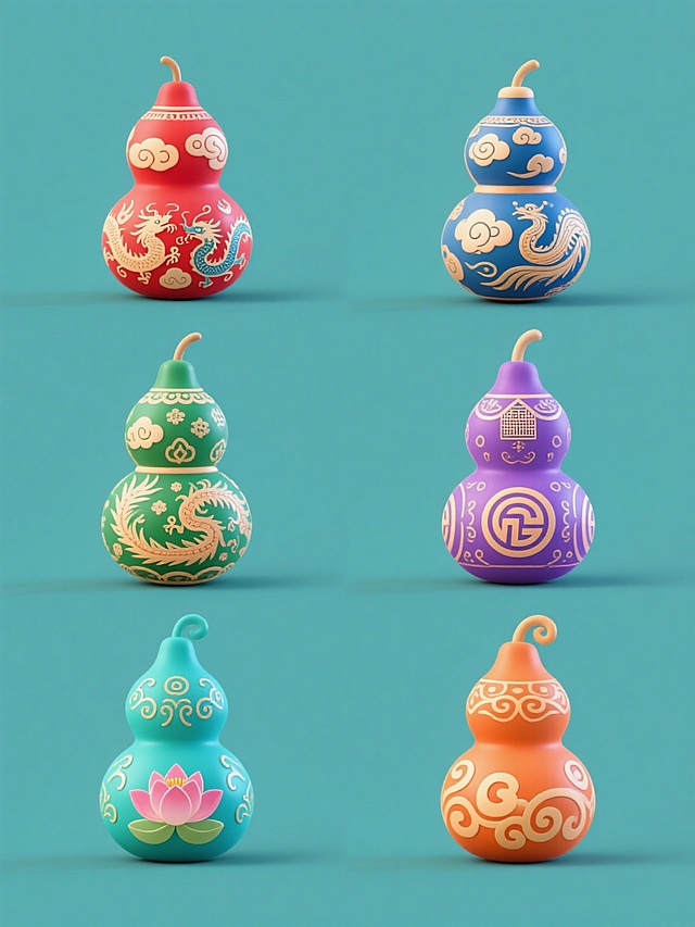 一系列六个不同纹样的中国风双体葫芦图标，保持原有的卡通风格、立体感和高光阴影处理，每个葫芦拥有独特的传统纹样（如云纹、龙纹、凤纹、回纹、莲花纹、如意纹），整体色彩分别变换为红色、蓝色、绿色、紫色、青色、橙色，均置于纯色背景上，六个葫芦呈2x3网格规整排布，构图平衡对称，细节精致，线条流畅，无文字和二维码元素。