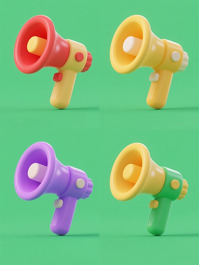 4个造型各异的卡通风格3D立体扩音器图标，保持圆润边角和光滑塑料质感，分别采用红、黄、绿、紫四种纯色背景与对应主体色调，每个扩音器保留喇叭口、握柄和按钮核心元素但设计细节不同，呈2x2网格规整排布，统一柔和光影效果，整体风格协调且色彩鲜明，无文字及二维码元素