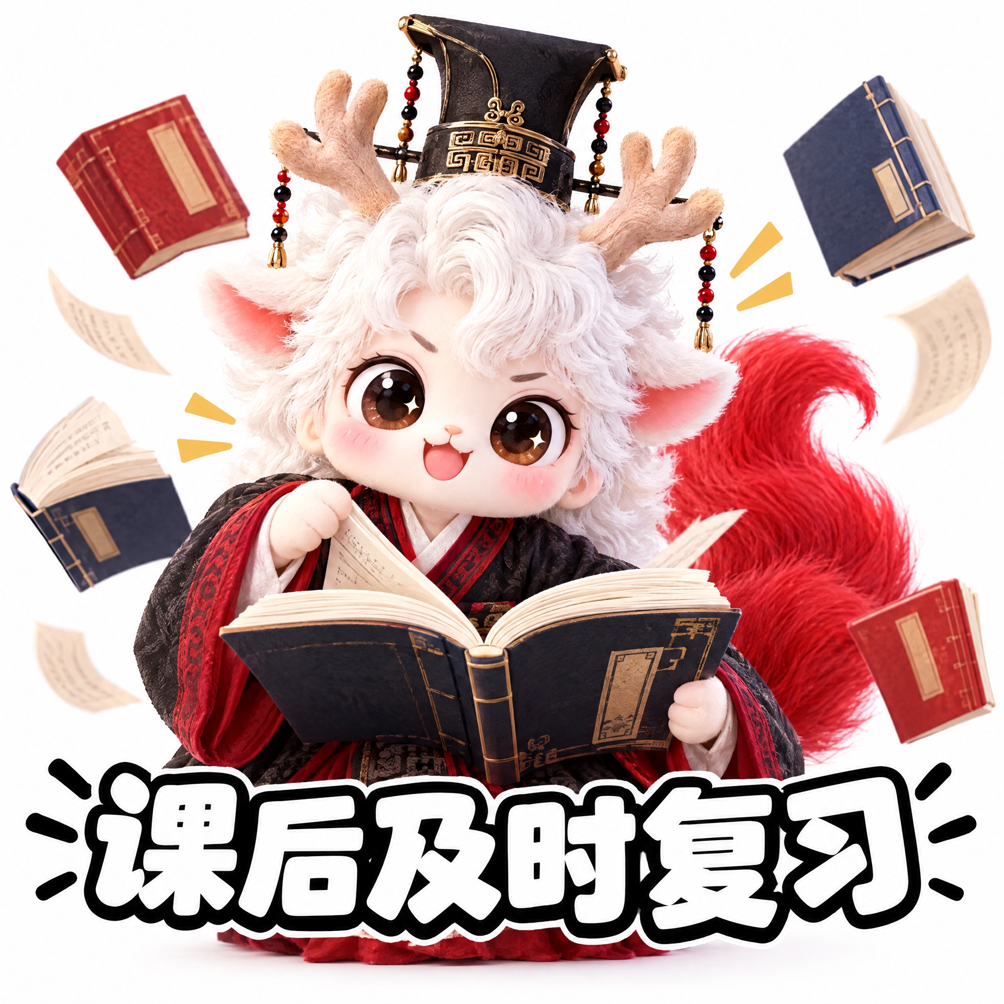参考图中的白色鹿角人形神兽（穿黑红汉服、戴高冠），做成可爱表情… - 图片创意预览