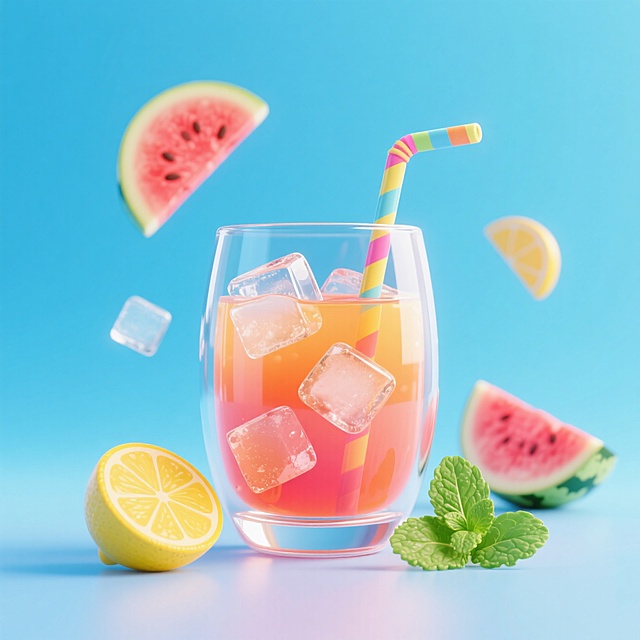 主体是一个透明玻璃杯，里面装有果汁、冰块和一根吸管。周围漂浮着西瓜片、柠檬和薄荷叶。背景是渐变的海蓝色。