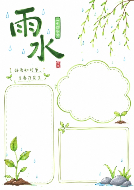 二十四节气之雨水，马克笔白底手绘风格手抄报，马克笔手绘，纯白色背景，风格清新简约，保留大面积空白书写区域，主标题"雨水"，搭配春雨新芽的简笔装饰，尺寸A4比例3:4，文字清晰，排版精美预览效果