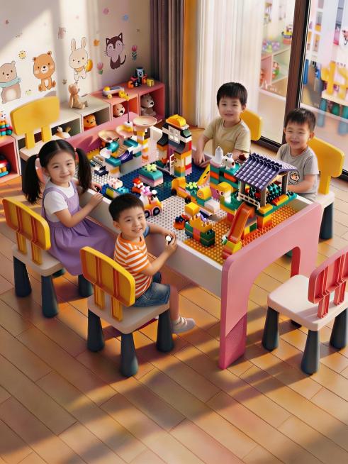 替换掉图中现有的四个小孩，重新生成四个不同的亚洲小孩，保持原本的位置和坐姿不变，都对着镜头自然微笑，风格是真实摄影，保留积木和场景不变预览效果