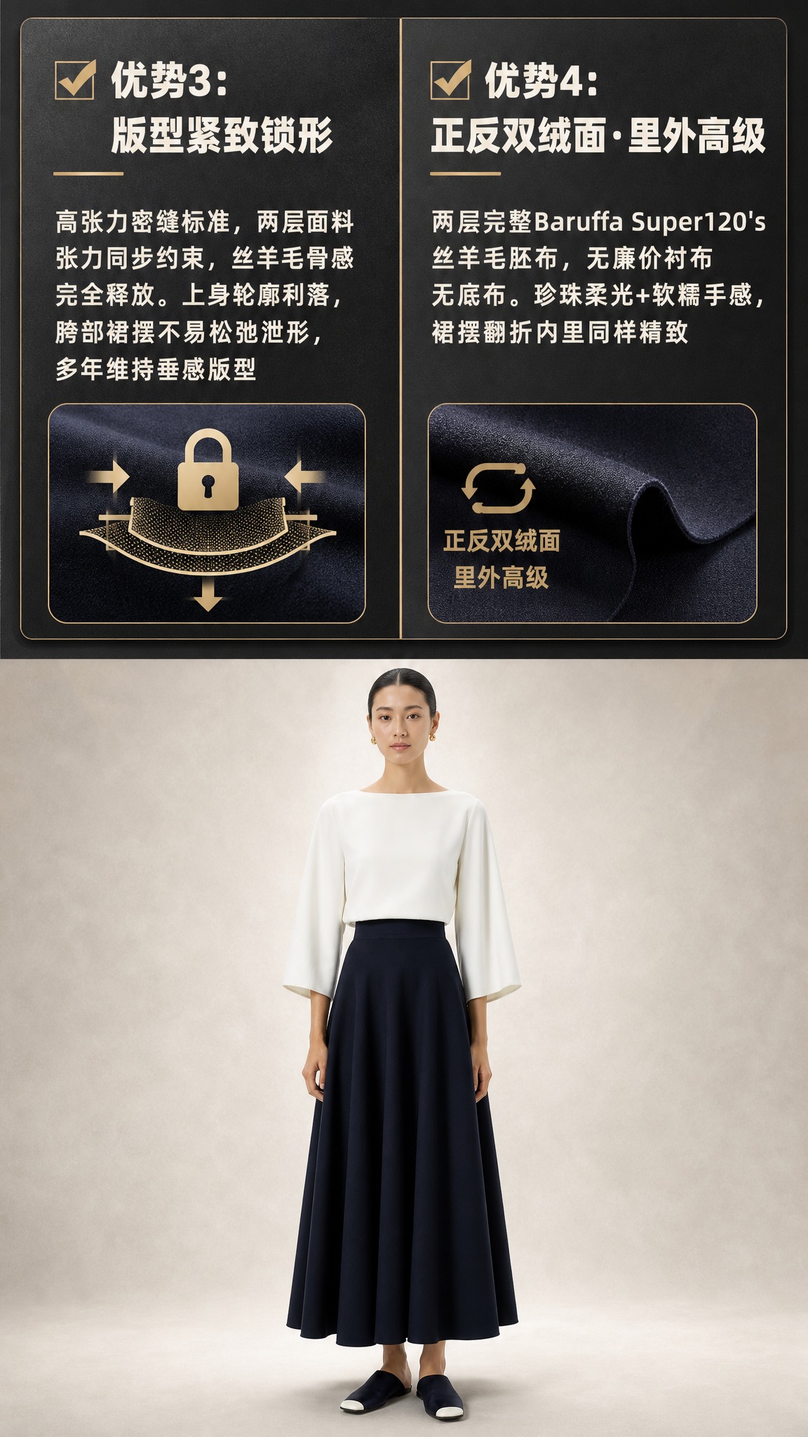 [商品] 使用【图3】藏青色丝羊毛半裙上身图；商品处理：保留高… - 图片创意预览