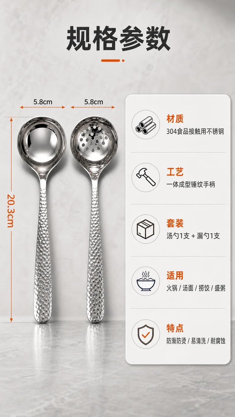 [商品] 使用【图1】中的304不锈钢锤纹汤勺和漏勺；保留勺头… - 图片创意预览