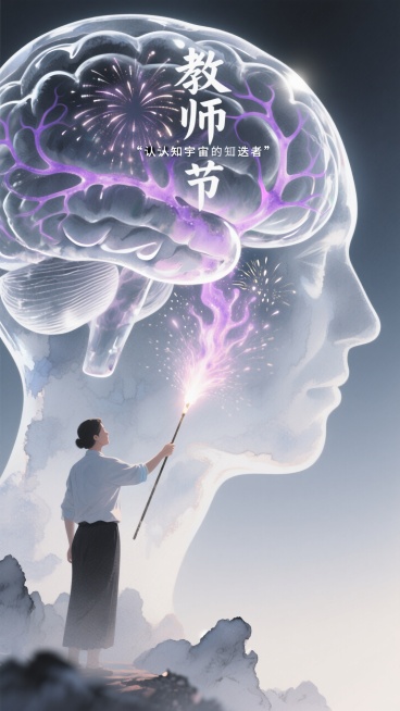 巨型透明脑结构内，教师手持光杖引导知识流如岩浆涌动，神经网络突触绽放为烟花。霓虹紫与科学银色调，荧光流体特效，标题：教师节，副标题‘认知宇宙的锻造者’采用神经脉络字体"预览效果