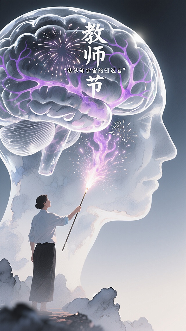 梦幻插画风，超现实主义设计，脑中烟花与水墨云海双重曝光，教师节创意表达。