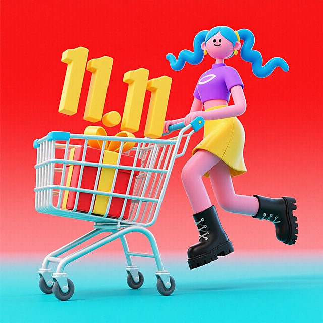 一个蓝色双马尾的酷女人推着购物车向前奔跑，（"11.11“黄色数字和一堆红色礼盒）一起放在购物车里，干净的红色背景