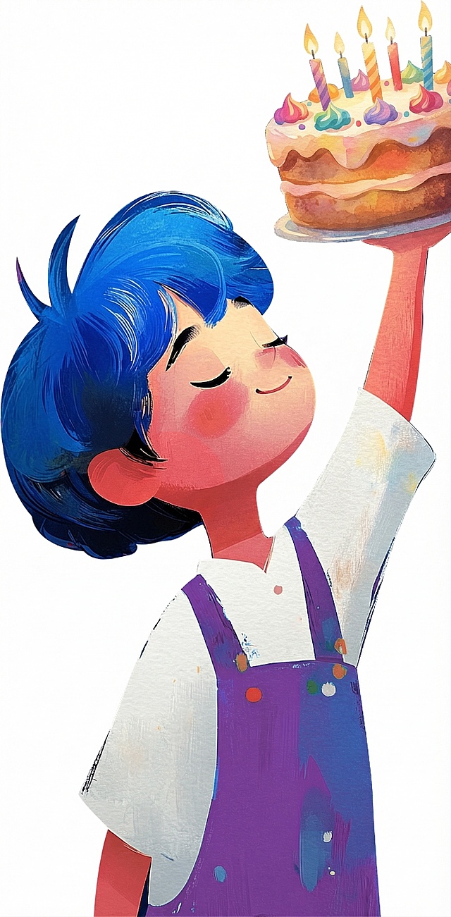 将图中男孩手中的画笔替换成生日蛋糕，保持原有插画风格不变，色彩和光影和原图保持一致