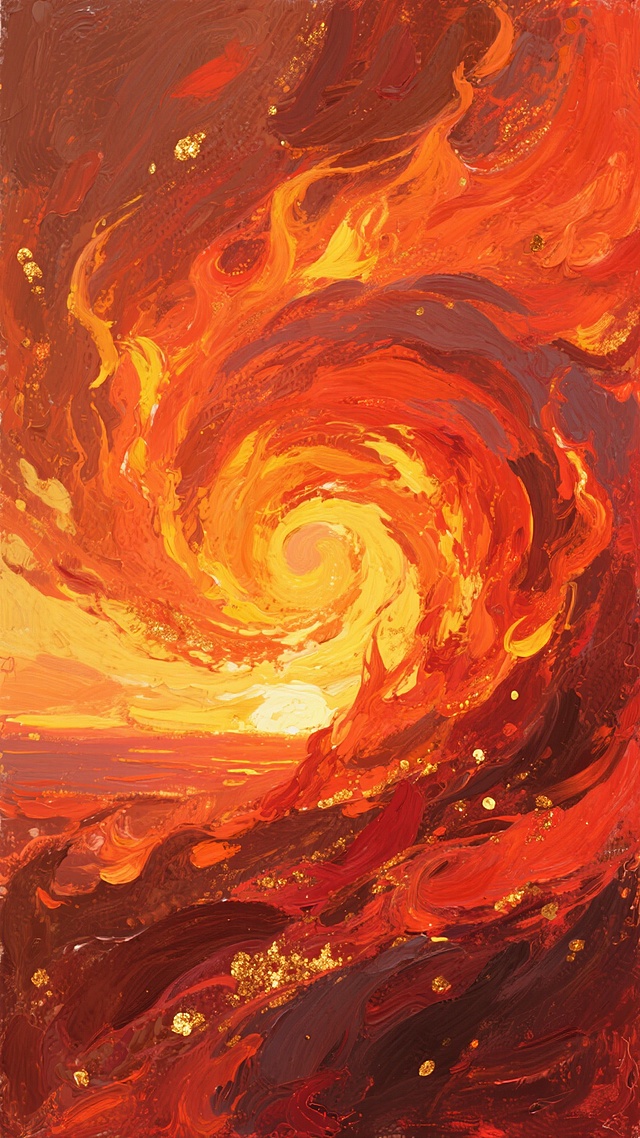 油画风格，以厚重的笔触和丰富的色彩层次展现，主色调变换为温暖的橙红色系，融合明亮的黄色与深沉的赭石色，笔触呈现出旋转和堆叠的样式，形成类似火焰燃烧或夕阳余晖的动态纹理，画面中点缀着金色和暗红色的闪光点，整体营造出热烈而富有活力的氛围，色彩过渡自然且富有层次感，保持油画特有的质感和肌理。