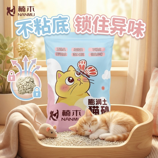 基于现有猫砂包装图，制作可爱风格主图，突出“不粘底 锁住异味”卖点，画面添加慵懒小猫休憩元素，整体风格治愈可爱，主图尺寸1:1预览效果