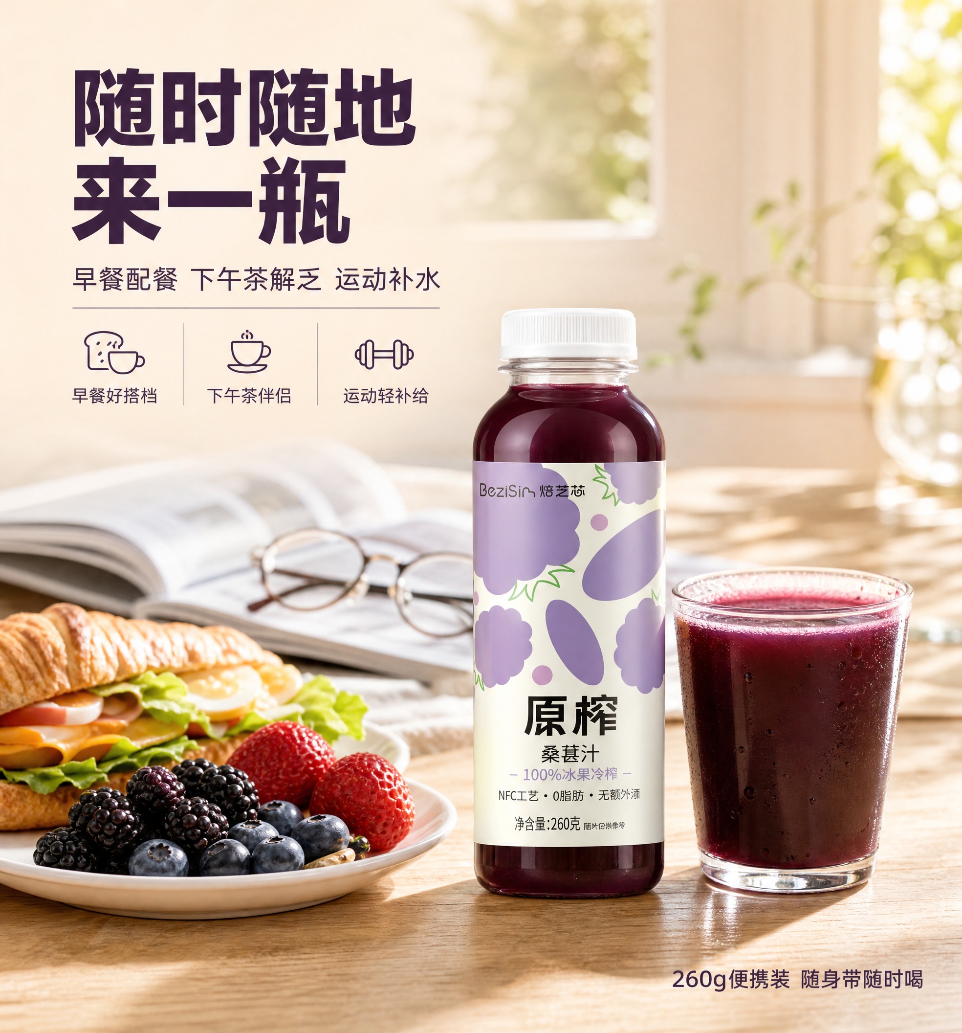 [商品] 使用【图1】焙芝芯原榨桑葚汁；保留透明瓶身、深紫色果… - 图片创意预览