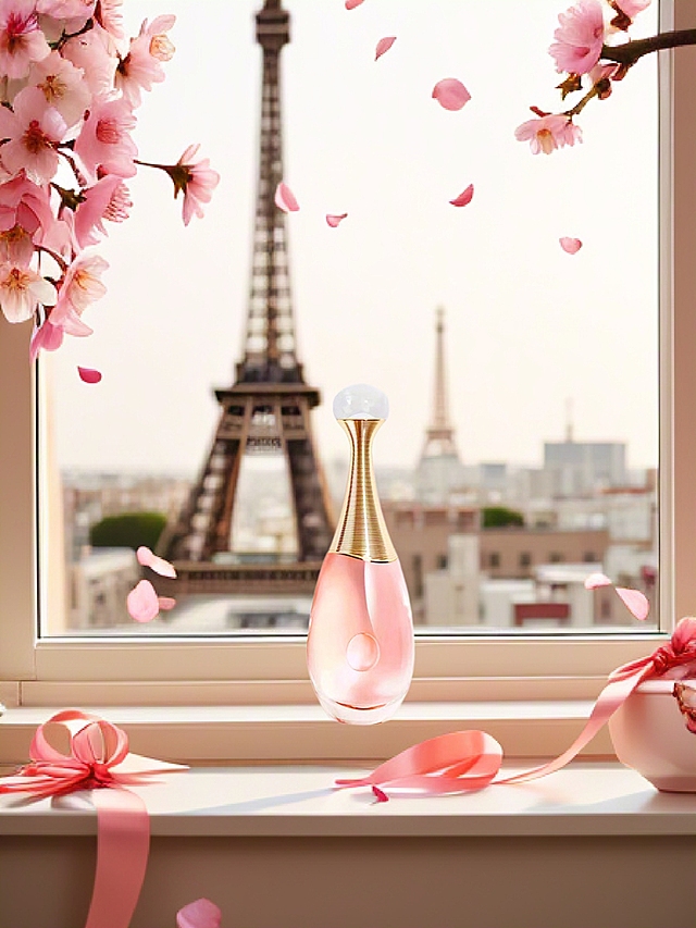 梦幻唯美风，浪漫樱花飘落，香水瓶轻拟物设计，超现实主义玻璃质感，甜美节日氛围。