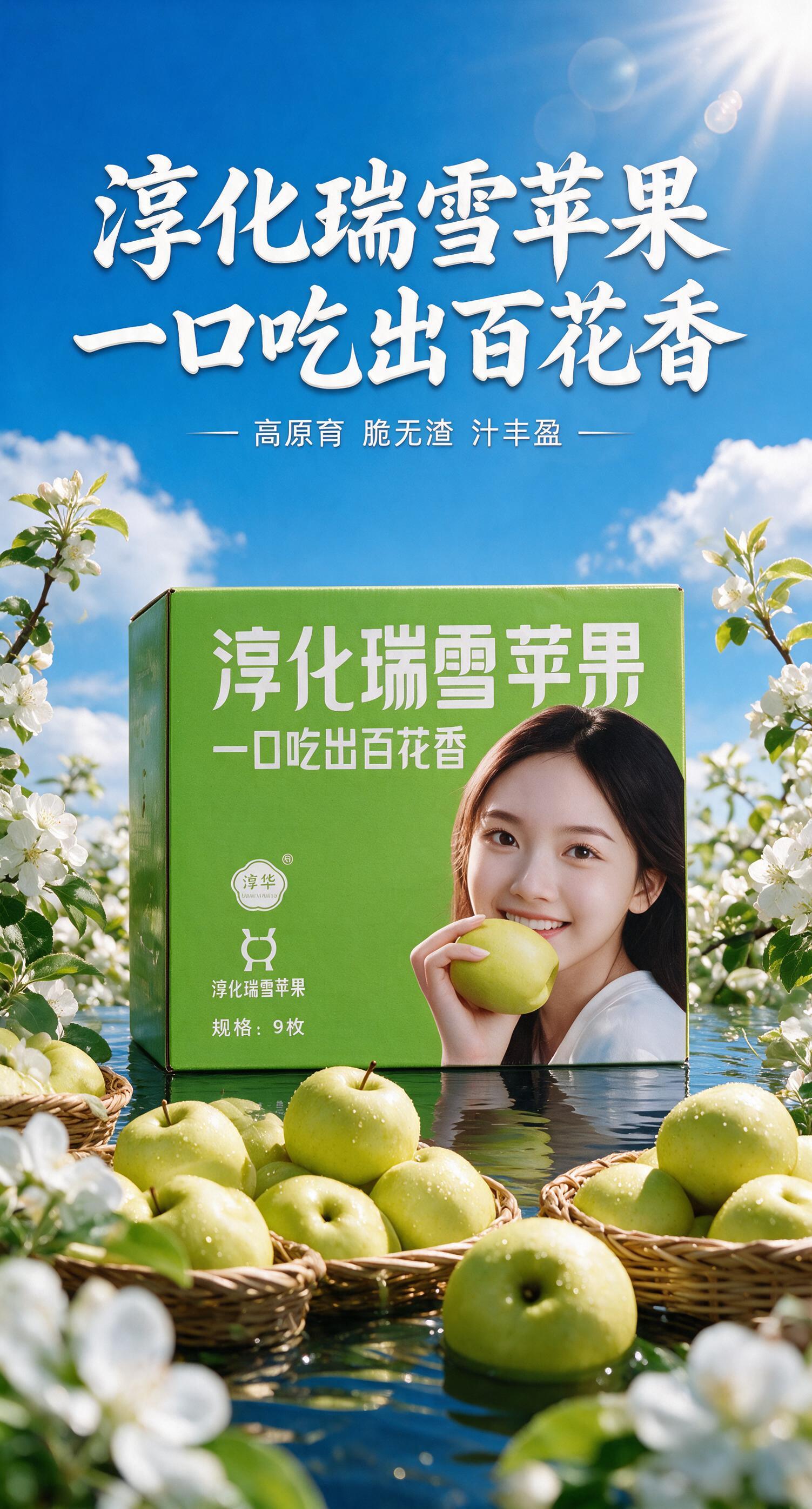 淳化瑞雪苹果产品海报，竖向比例7:13，2K超清。保持所有元素… - 图片创意预览