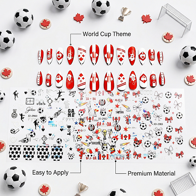 Keep the original appearance of 2026 World Cup nail art stickers completely unchanged, show the core selling points, place the product in the center, surround the product with 3D rendered football and Canadian maple leaf elements, use simple English labels to point to the product features: 'World Cup Theme', 'Easy to Apply', 'Premium Material', do not cover the product main body, comply with Amazon cross-border e-commerce specifications, clean picture, bright soft light, football atmosphere, overall style unity.