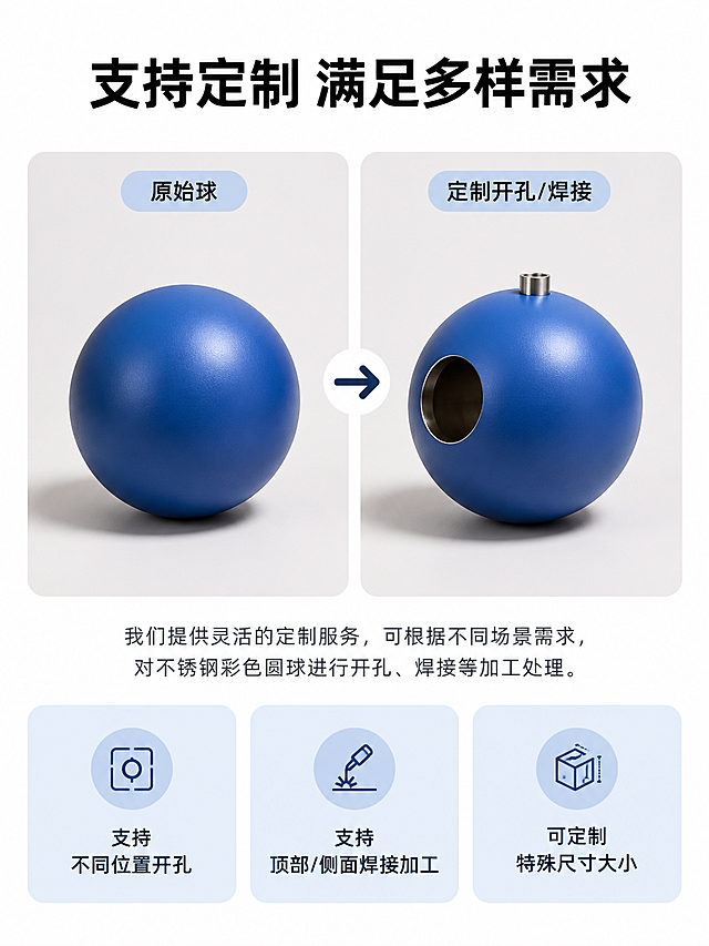 [第7屏] 定制服务说明-不锈钢哑光彩色圆球定制服务页。
[氛围/风格] 清晰说明风，专业商务质感，信息层级明确。
[元素布局] 页面中部展示定制对比效果，左侧为原球，右侧为开孔焊接加工后的效果，对比展示定制变化，对比图上方放主标题，下方放定制说明文字和定制范围信息卡片，整体排版清晰。保持原球颜色材质和参考图一致。
[光影质感] 对比图光影一致，左右侧光线均匀，对比清晰，文字区域光线柔和，整体干净通透。
[配色色系] 全局底色：#FFFFFF；对比卡：浅灰底；信息卡片：浅蓝色底深色字；主标题黑色，说明文字深灰色。
[视角构图] 上方标题+中部左右对比+下方说明的三段式结构，对比图左右均衡，上下间距适中，符合移动端浏览。
[文字版式] 顶部主标题「支持定制 满足多样需求」黑色加粗居中；中部左侧「原始球」右侧「定制开孔/焊接」小标签标注；下方三点定制说明：「支持不同位置开孔」「支持顶部/侧面焊接加工」「可定制特殊尺寸大小」，三个信息卡片横向排列，浅蓝色底深色文字，文字居中清晰易读。
[比例分辨率] 3:4 竖版比例，4K分辨率，文字清晰可辨，超高清。
[负向提示词] 对比失衡，圆球变形，结构错误，文字错乱，颜色偏差，水印，背景杂乱。