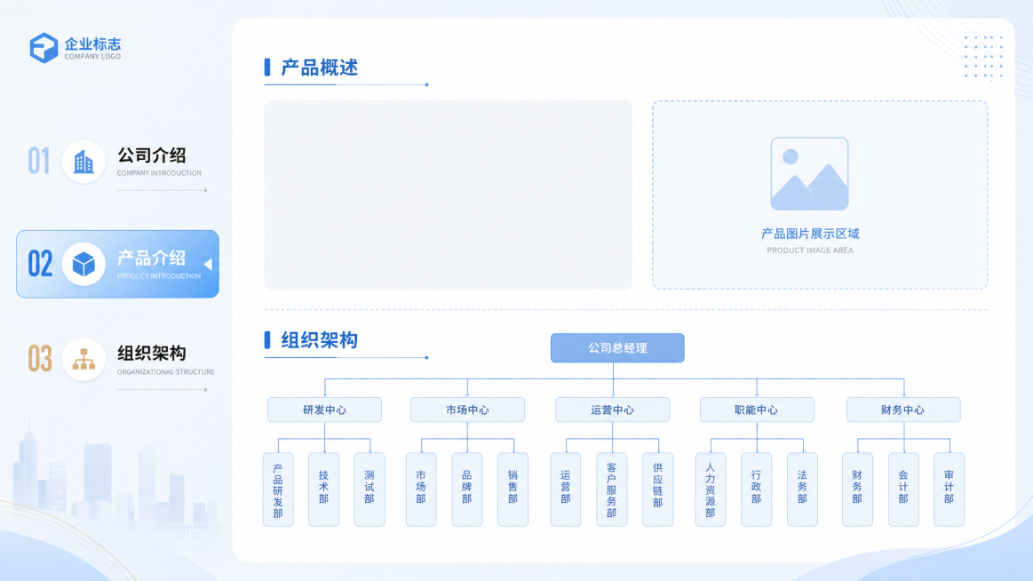 明亮积极风格员工入职培训PPT内页，左侧分栏放标题“公司介绍 产品介绍 组织架构”，右侧分栏预留文字区域，整体排版简洁，浅色调明亮背景，搭配简约线条装饰，预留产品图片展示位置，组织架构部分画树形图框预览效果