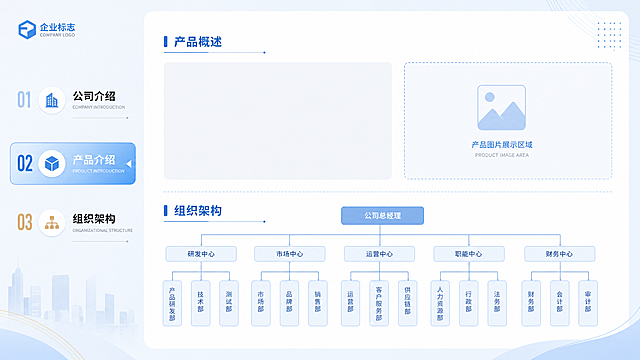 明亮积极风格员工入职培训PPT内页，左侧分栏放标题“公司介绍 产品介绍 组织架构”，右侧分栏预留文字区域，整体排版简洁，浅色调明亮背景，搭配简约线条装饰，预留产品图片展示位置，组织架构部分画树形图框