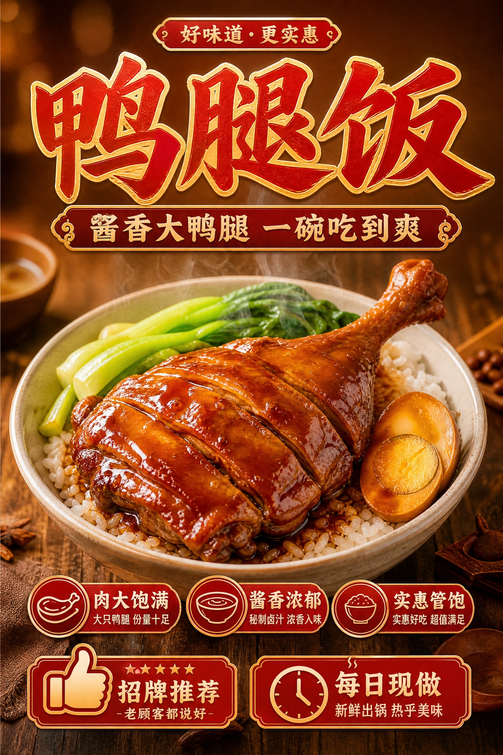 一张竖版2:3的鸭腿饭美食海报，写实商业摄影风格，暖调食欲感，… - 图片创意预览