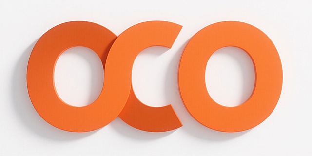 以“oco”为主体的字母logo，采用橙色为主色调，风格简约现代，具有立体阴影效果，白色背景，高清晰度