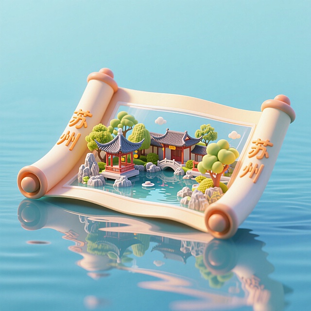 软3D风古典画卷，展现中式园林清新之美，虚拟自然与传统建筑完美融合。