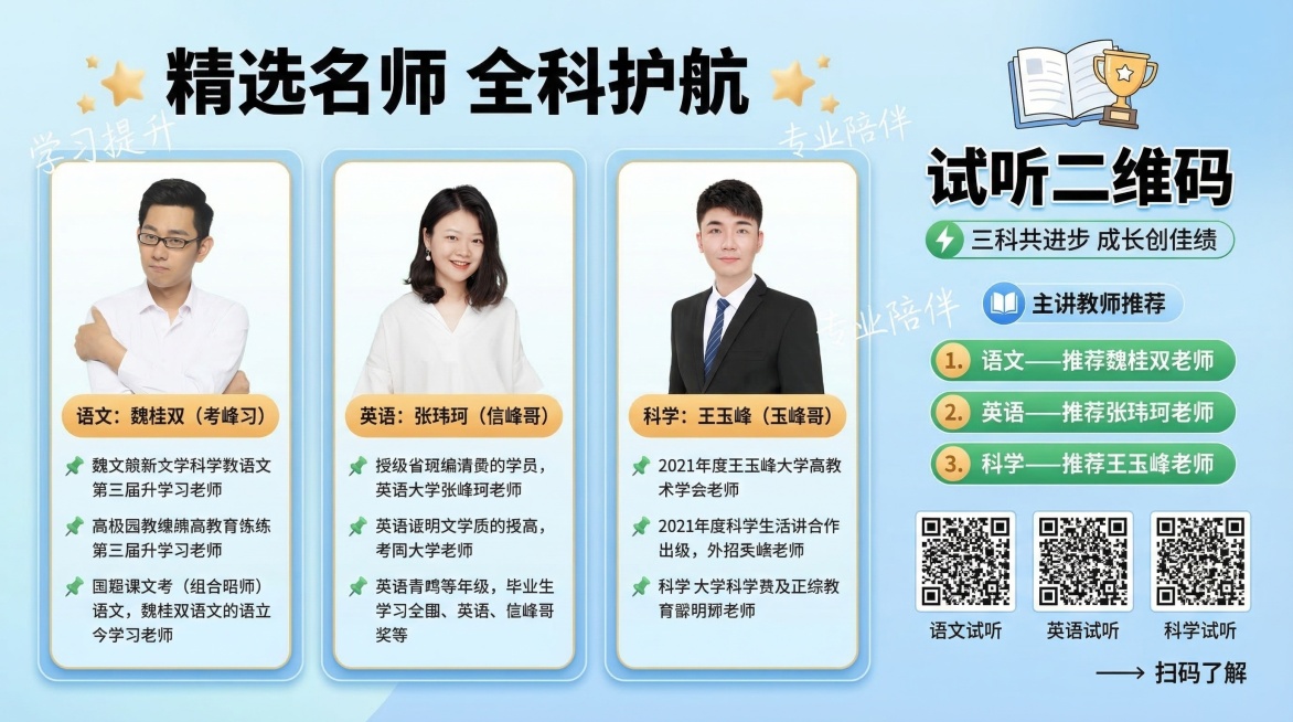 教育海报，浅蓝渐变底色，三栏教师卡片布局。左侧语文魏桂双老师头像（已抠图），外框轻微圆角+浅蓝渐变阴影；中间英语张玮珂老师头像（已抠图），外框轻微圆角+浅蓝渐变阴影；右侧科学王玉峰老师头像（已抠图），预览效果