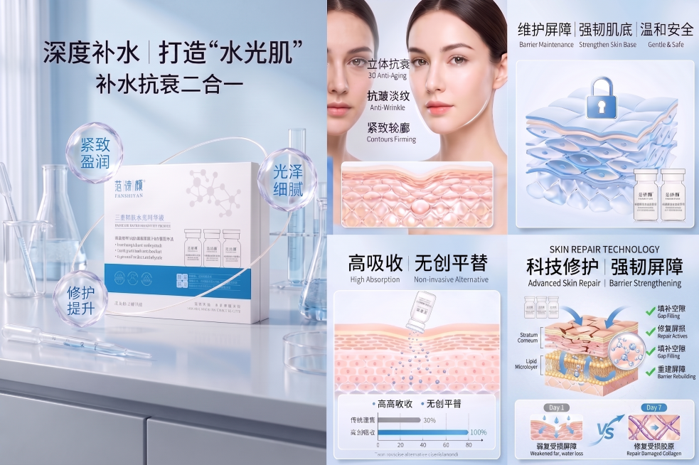 按照图中风格，增加一个用产品做皮肤修复的，风格不变，用科技图说明产品对皮肤修复效果预览效果